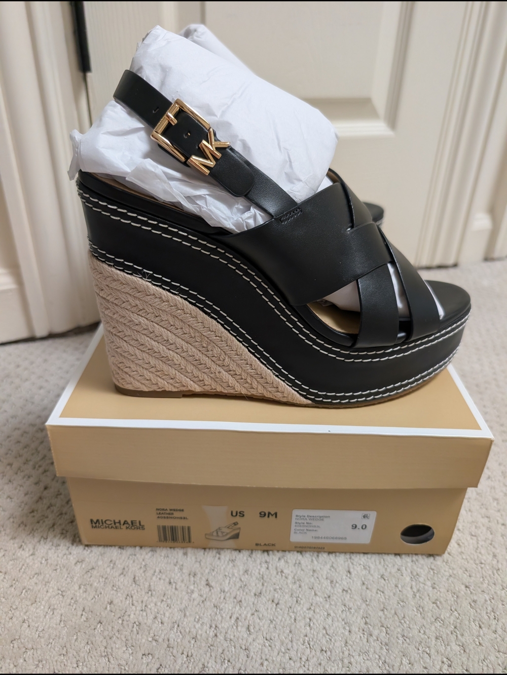 MICHAEL Michael Kors Black Leather Espadrille Wedge Sandals with Gold MK Buckle